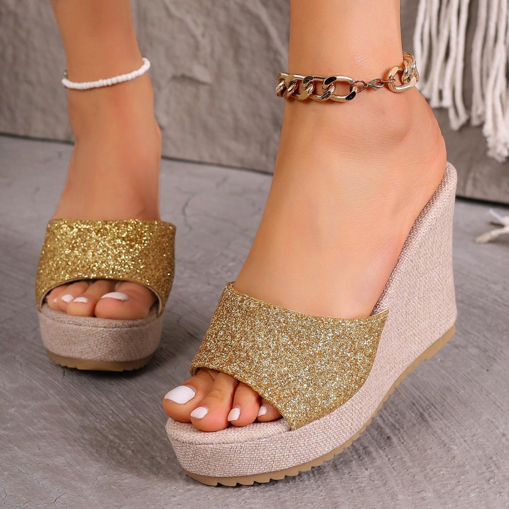 Fashion Golden Sandals Women Slippers Summer Wedges Platform Beach Flip Flops Fashion High Heels Ladies Shoes Pumps Thick Slides Mujer