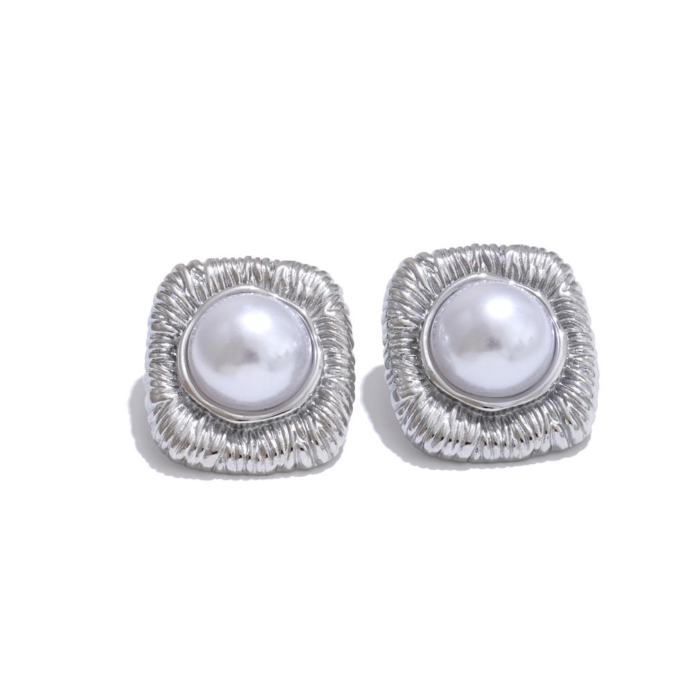 Yhpup Vintage Simulated Pearls Stainless Steel Metal Square Stud Earrings for Women Trendy Fashion Jewelry Anti Allergic