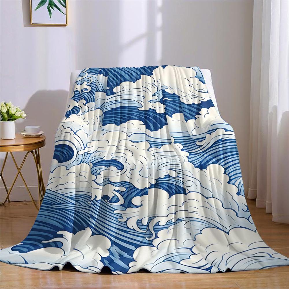 Blue Wave Motif Flannel Blanket Warm Soft Halloween Christmas Couch Warm Cozy Decorative Decor Gift for All Season