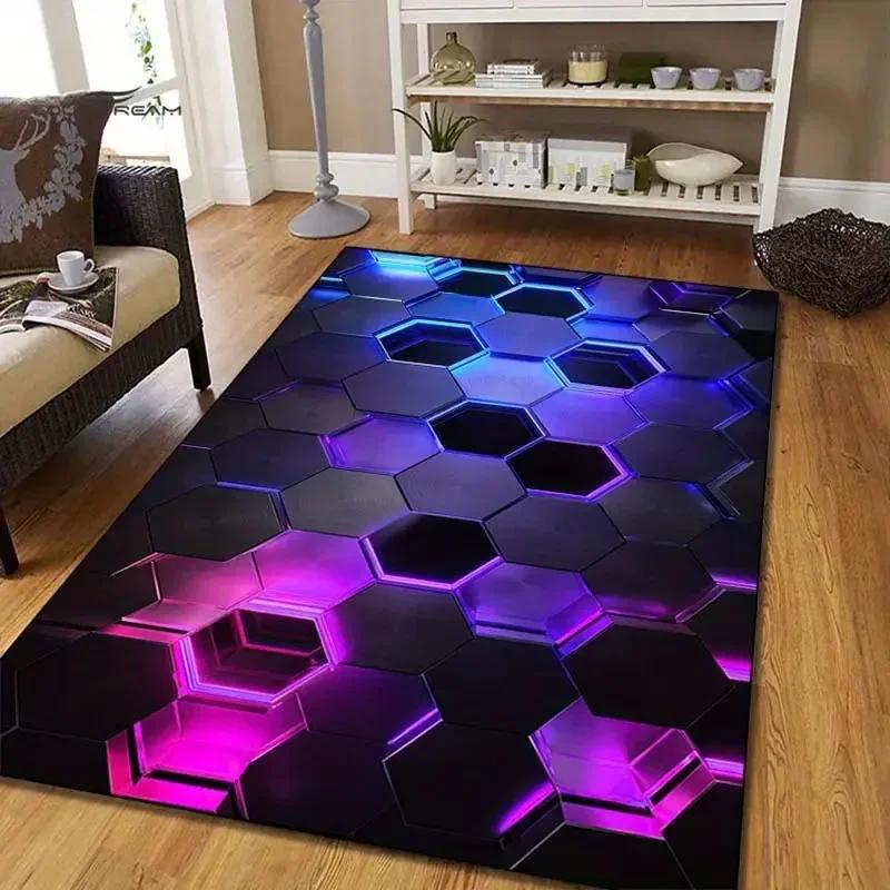 3D Zeshoek Neon Gaming Vloerkleed, Antislip Blauw Paars Vloerkleed voor Gameroom, Slaapkamer E-Sport Decoratie 50x80cm 20x31inch