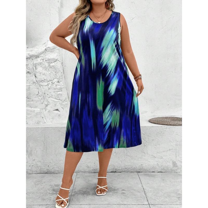 Frühling Sommer Kleider Damen Mode Bedruckt O-Ausschnitt Ärmellos Übergröße Kleider Damen 2XL blau