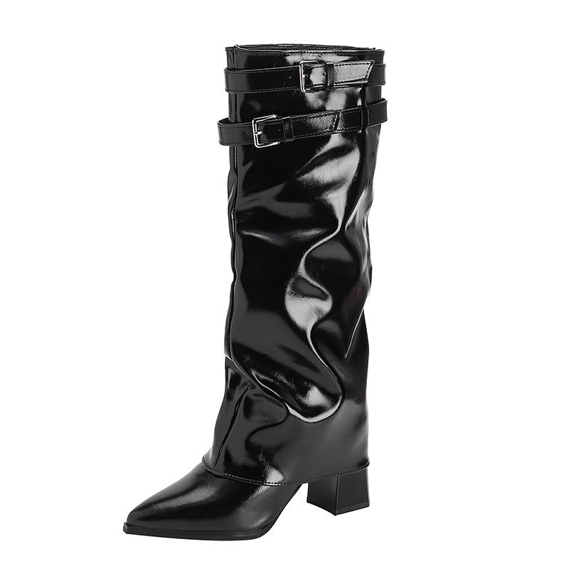 915 Trouser Boots 2025 Autumn New Design Sense Niche Pointed Thick Heel Belt Buckle But Knee Boots Women's Boots