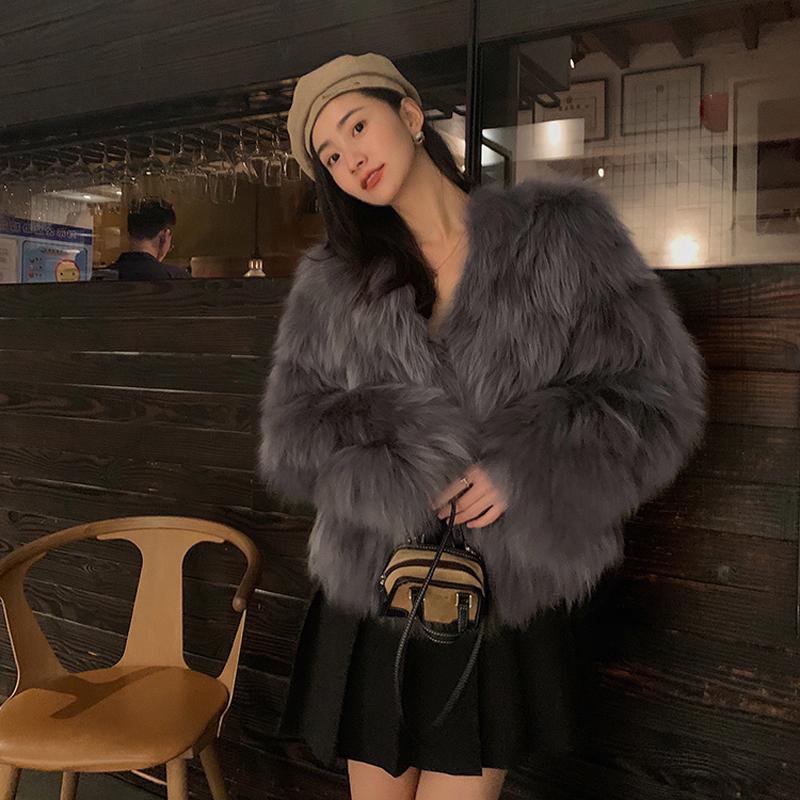 Autumn Long Sleeve Loose Plush Fox Fur Coats Women Fashion Soft Warm Short Winter Jackets Women Tops Solid Elegant Street Loose Lady Jacket Coat 25878