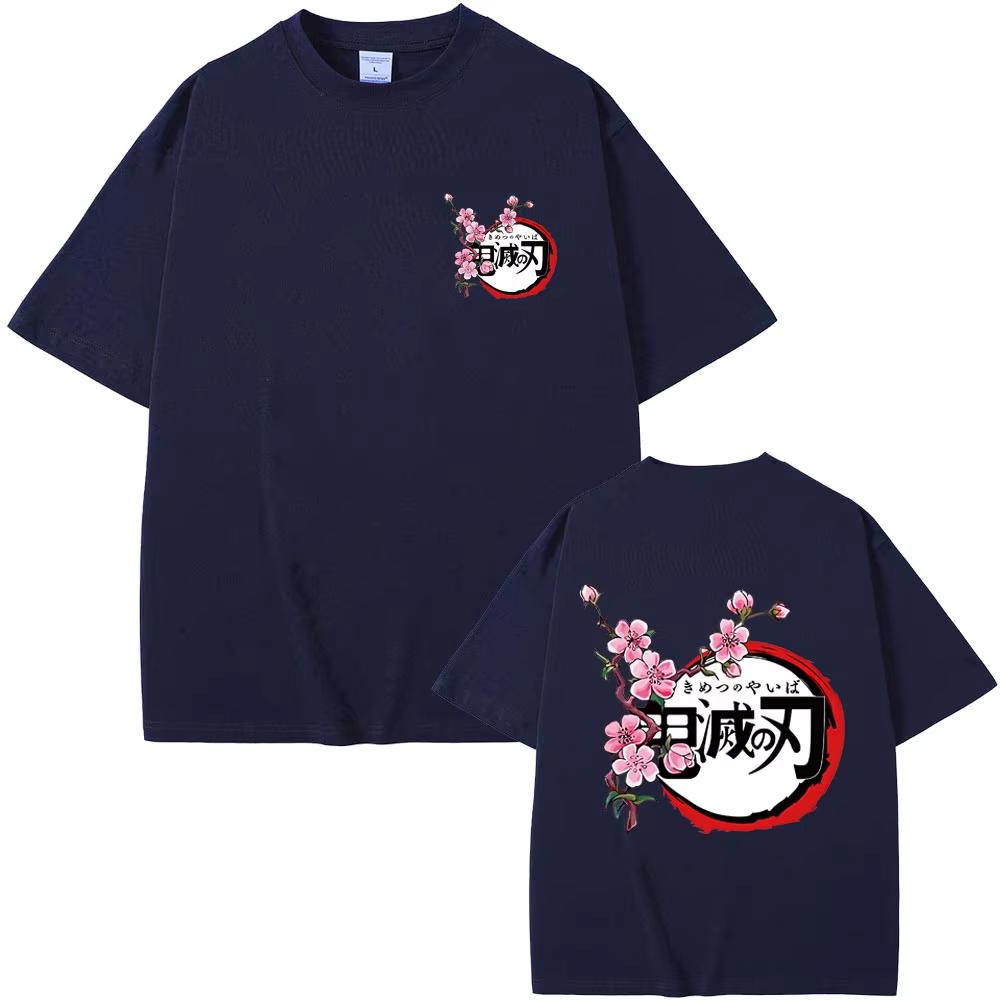 Anime Demon Slayer Cherry Blossom Logo Print T-shirt Male Summer Casual Oversized T Shirt Men Women Fashion Cotton Short Sleeves