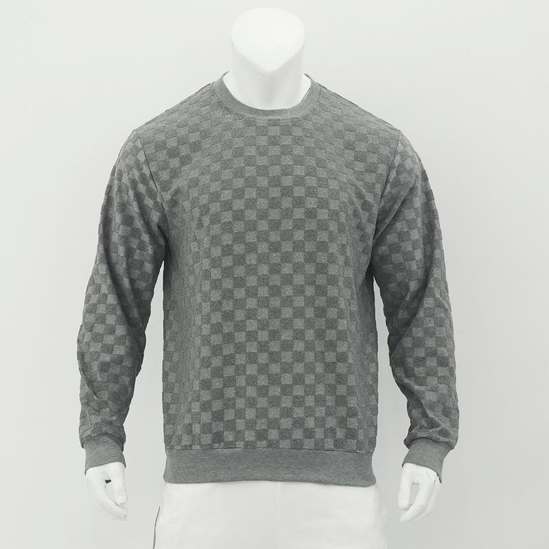 Men's Autumn and Winter Heavy Jacquard Checkerboard Checkerboard T-shirt Men's T-shirt Round Neck Casual Bottoming Shirt Knitted Long-sleeved T-shirt