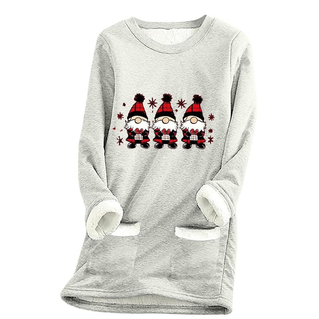 Ladies' Loose And Comfortable Round Neck Christmas Print Thick With Pockets Long Sleeved Top