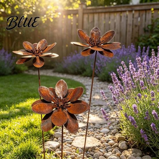 Metal Flower Lawn Stakes Rustic Ground Stake Vintage Garden Art Weather-Resistant Rusted Outdoor Patio Decorations Iron Yard Decor for Pathway