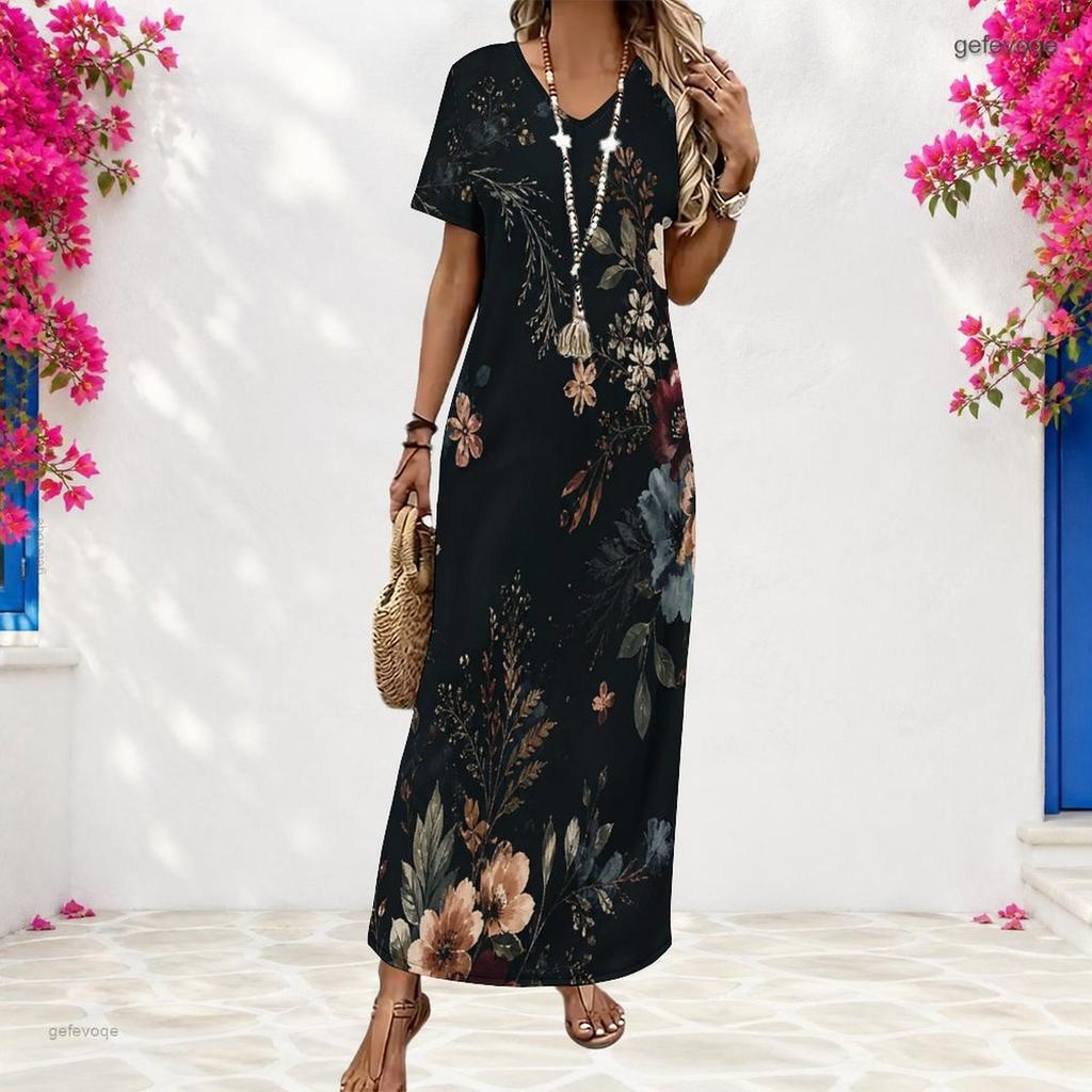 Women Plus Size V Neck Short Sleeve Floral Printed Navy Blue Long Straight Dress