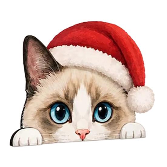 Christmas Table Centerpiece Cute Cat Shelf Sitter, Wooden Hat Peeking Desk Figurine, Funny Animal Desktop Background Ornament Sign, Lover Gift