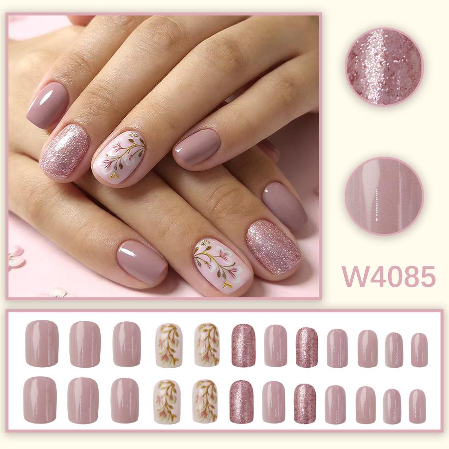 Gentle Nude Pink Flower Branch Wearable Nails Flower Glitter Short Fake Nails For Daily Commuting Wearable Nails