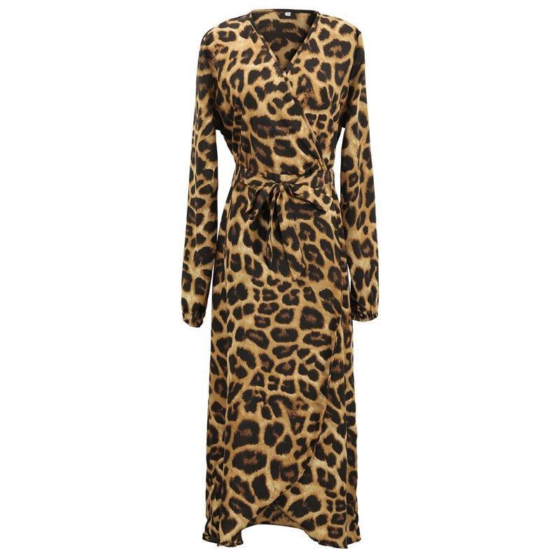 Women Leopard Print V Neck High Waist Irregular Long Sleeve Casual Dress