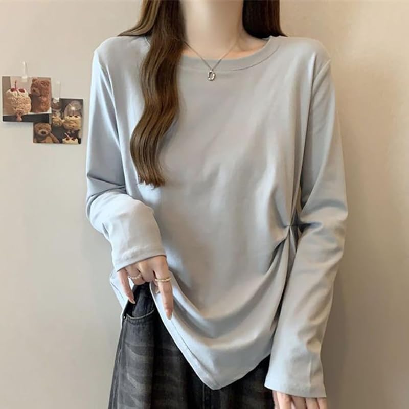 [ODFMCE] t-shirt ladies long sleeve spring cotton Plain color Fashionable Beautiful Relaxing big size is (JP, alphabet, XL, blue)