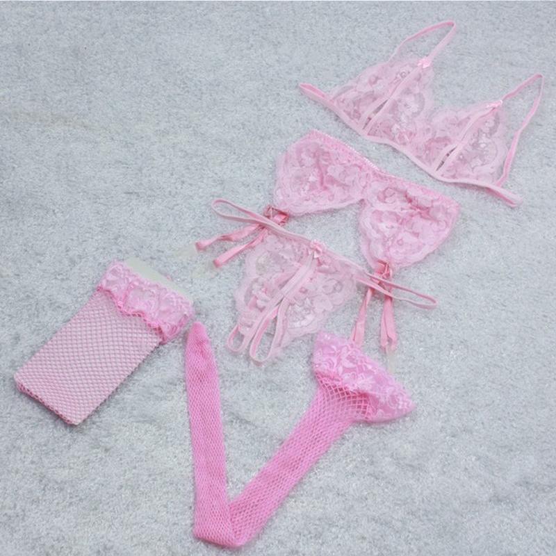 4 Pieces/set Women's Lace Lingerie Set Sexy Underwear Hollow Opening Bra Thong Garter Net Stockings Set Erotic Exotic Underwear