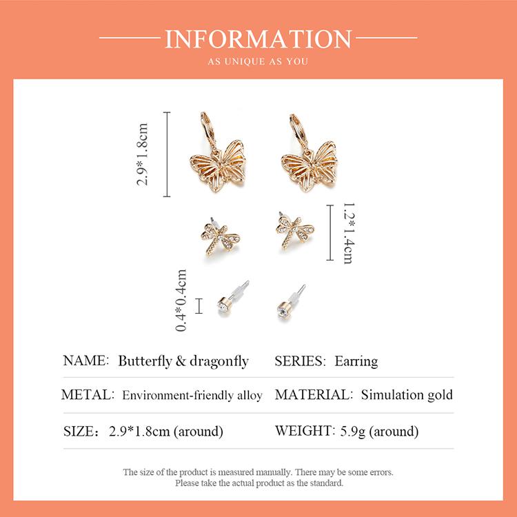 Bisaer Exquisite Butterflies & Dragonflies 3 Pair of Stud Earring Set for Women Fashion Jewelry
