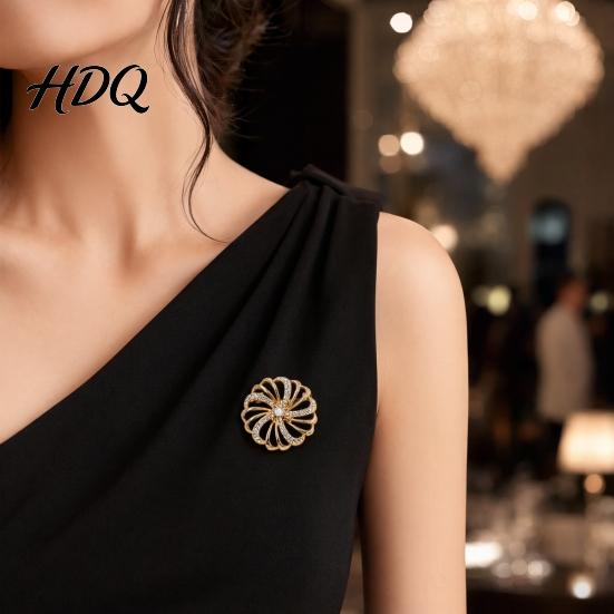 Non-fading Brooch Pin Hollow Swirl Flower Pattern Lapel Pin with Rhinestones Inlaid Spiral Petals Design Versatile Badge for Coats Shirts