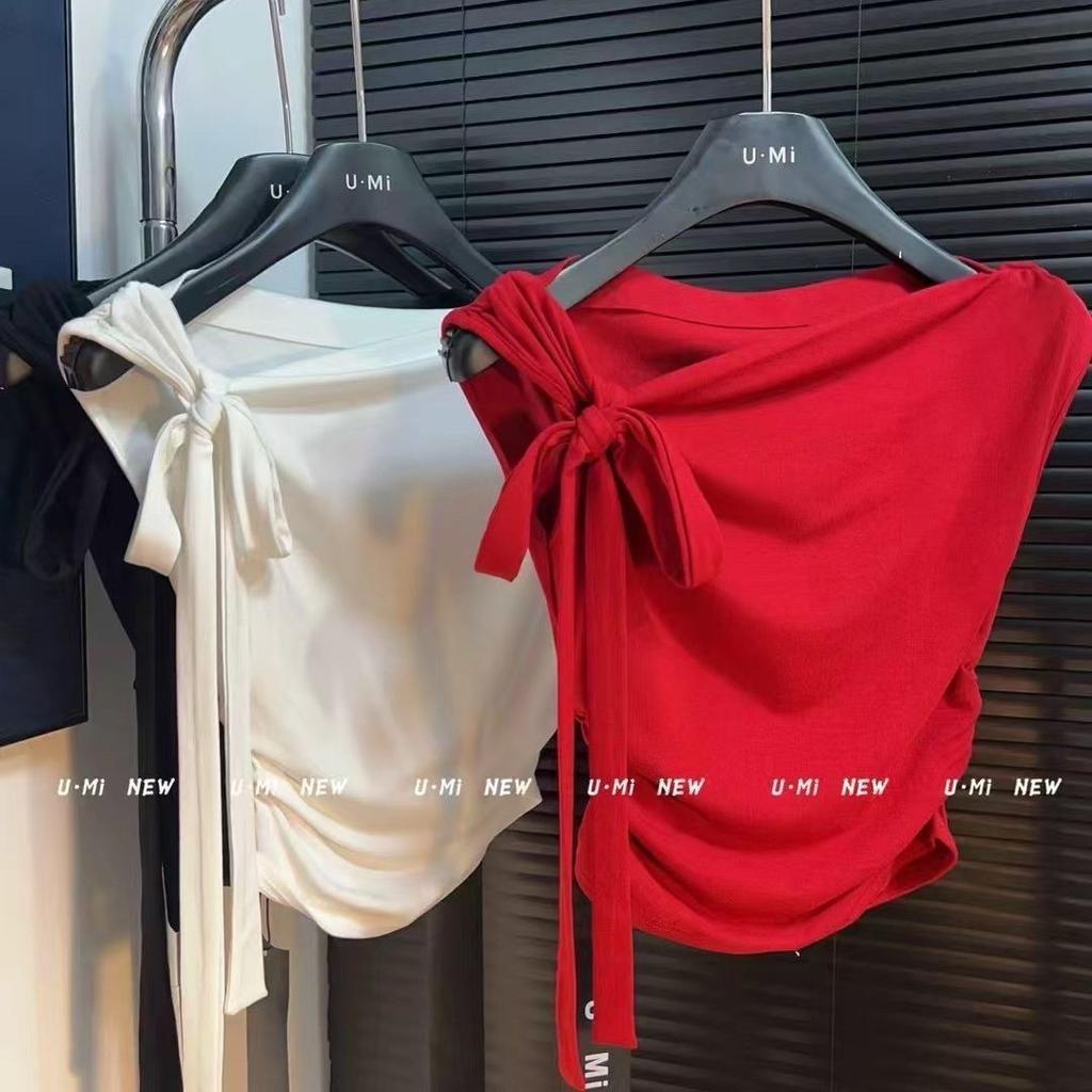 Summer new Korean version design sense niche one-word shoulder short-sleeved T-shirt women's pure desire style slim-fitting and thin top