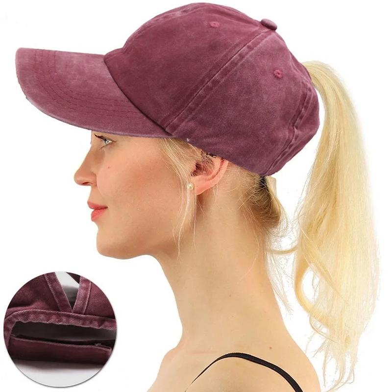 1 Stück Damen Einfache Baumwolle Weich Lochdurchführung Gewaschen Hoher Pferdeschwanz Hut Oberteil Baseballkappe