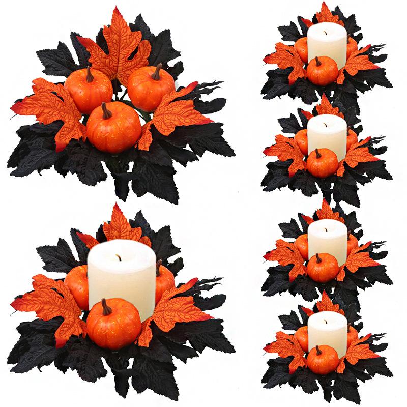 Halloween Candlestick Black Wreath Simulation Flower Maple Leaf Party Decoration Candle Tabletop Ornament Simulation Wreath