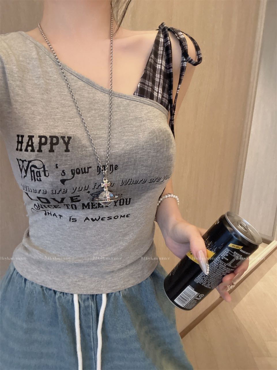 

#Summer new sweet and sexy letter printing plaid strap sling vest integrated with chest pad One size fits all сірий колір