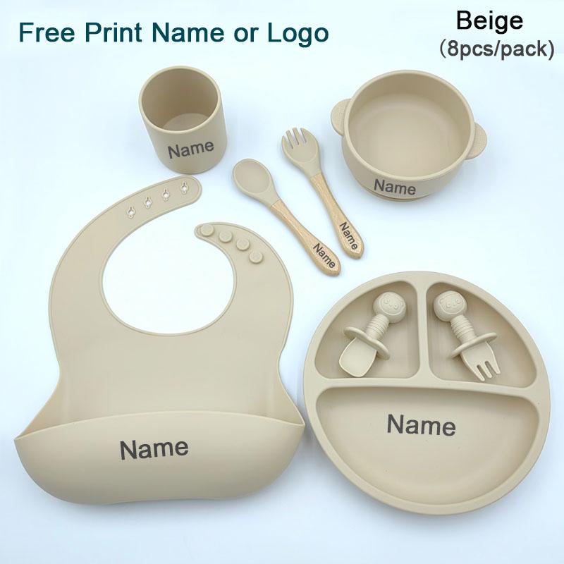 Set Pappa in Silicone Personalizzato con Nome per Bambino Ciotola con Ventosa Piatti in Silicone Piatto per Biberon Bavaglini Cucchiaio Forchetta Stoviglie Senza BPA