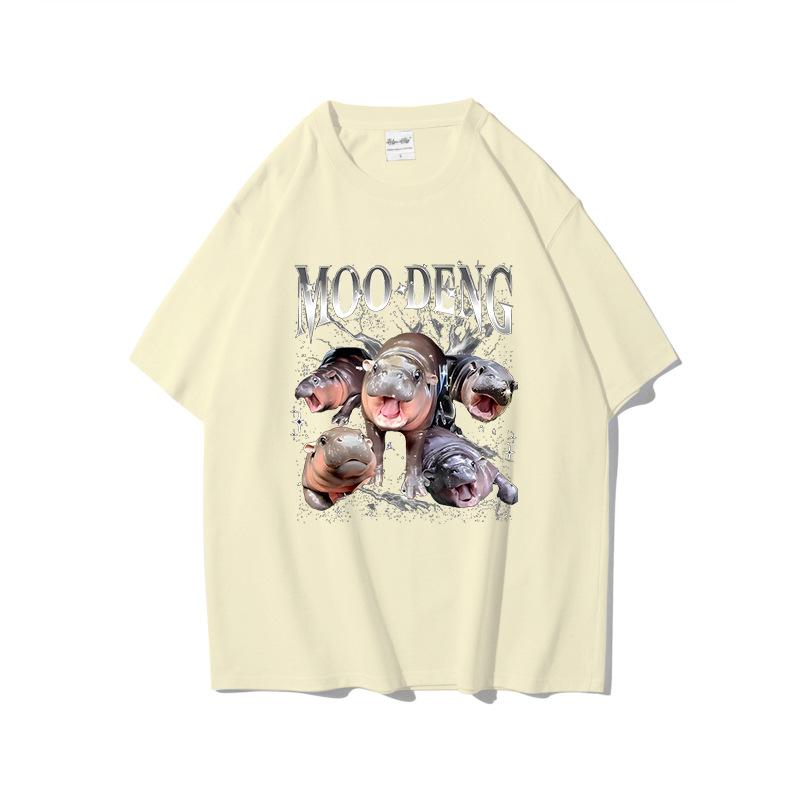 Summer Pure Cotton Short Sleeved Creative Trend Bouncing Pig Moo Deng Printed Round Neck Sports Shirt Casual Versatile T-Shirts Women’s