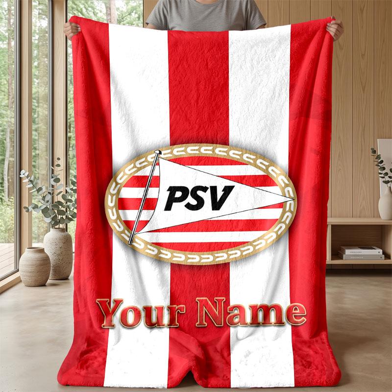 PSV Eindhoven FC Benutzerdefinierter Name Text Flanelldecke Fußball Logo Personalisierte Fleece-Wurfdecke Besonderes Geschenk für Sofa Schlafzimmer Zuhause