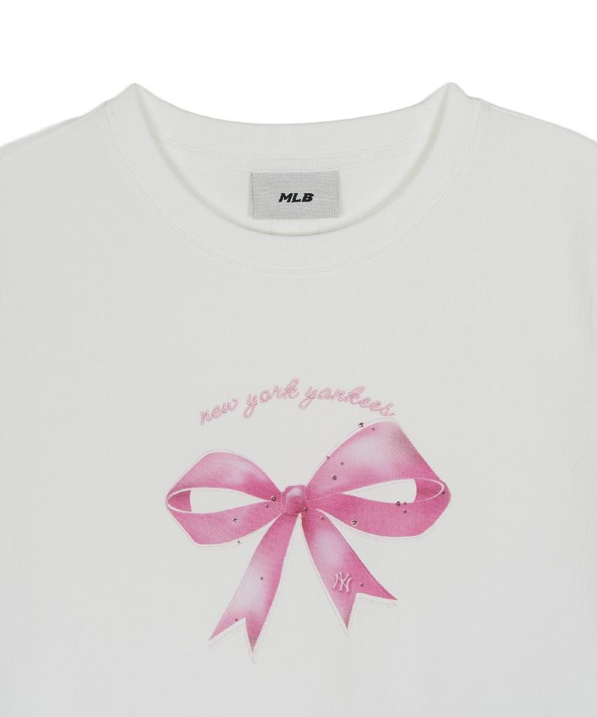 Emelbi Women'S Ribbon Graphic Slim Semi-Crop Short Sleeve T-Shirt Ny (White)