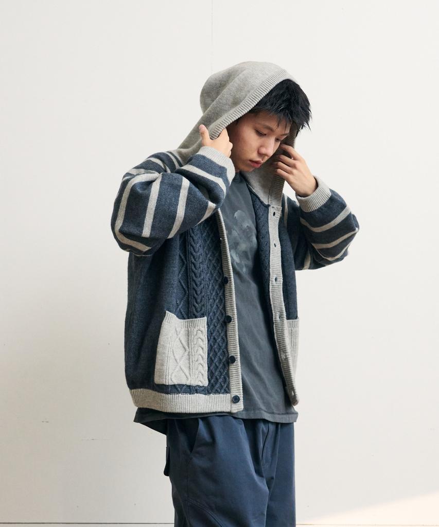 Iseuteuseobiseusyab Striped Cable Knit Hooded Cardigan - Truffle Gray
