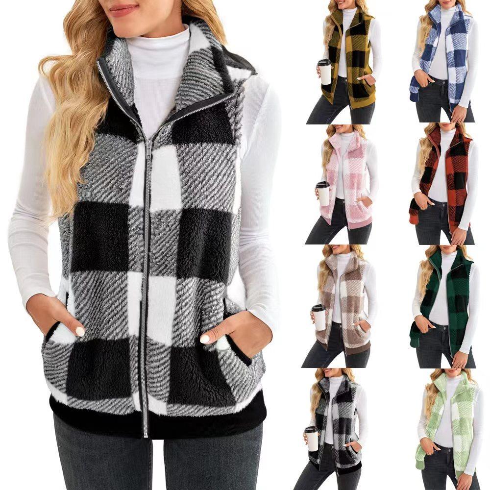 Women's Stand Collar Sleeveless Plaid Fleece Vest Loose Fit Casual Zip Up Gilet Outerwear