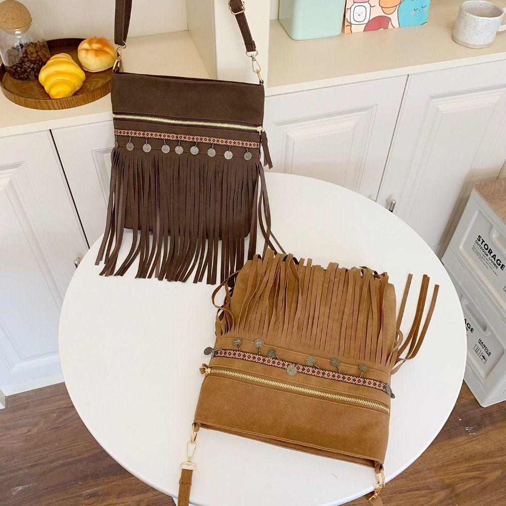 Korean Style Fringe Suede Messenger Bag Solid Color Large Capacity Tassel Shoulder Bag PU Leather Bohemian Style Crossbody Bag