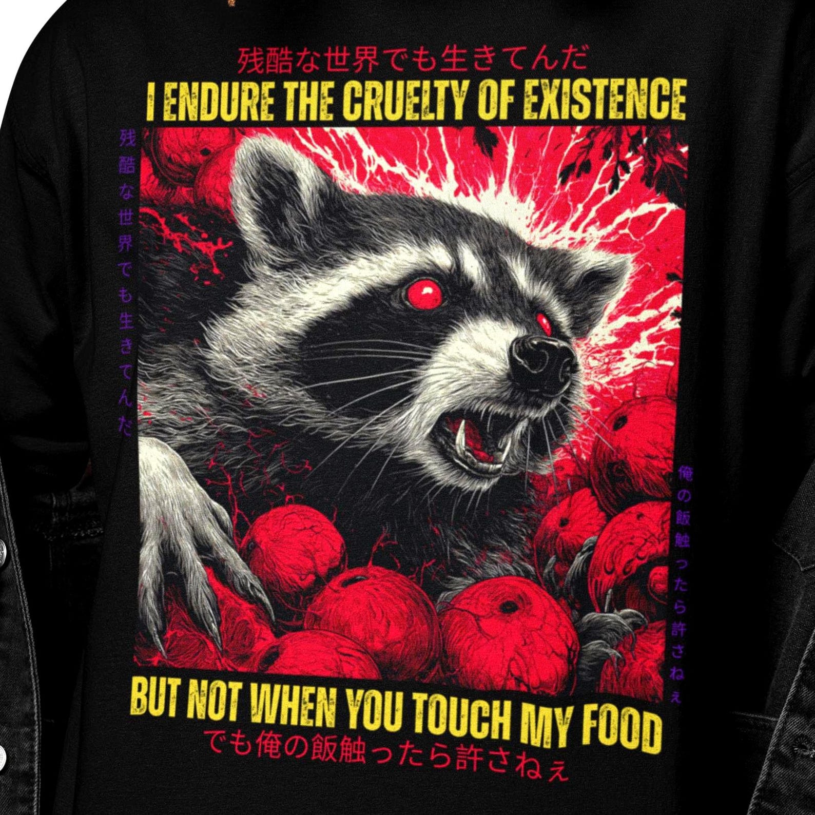 Raccoon Japanese Horror Funny Shirt | I Endure The Cruelty Of Existence But Not When You Touch My Food T-Shirt S