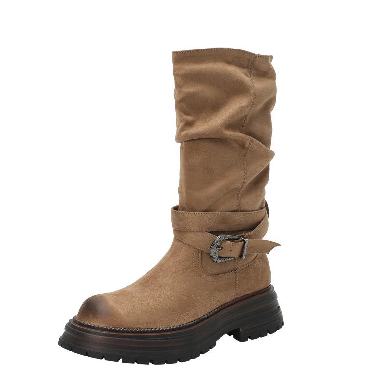 Thick-soled British Style Thick Heel Round Head Belt Buckle Maillard Martin Boots Women's Autumn and Winter Thin and Heightened Short Boots