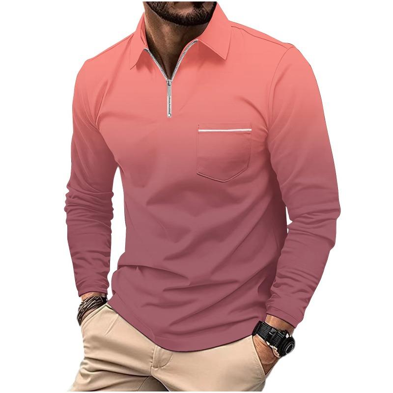 Men's Printed Polo Shirt with Zipper Pocket Sports Long Sleeved Polo Shirt