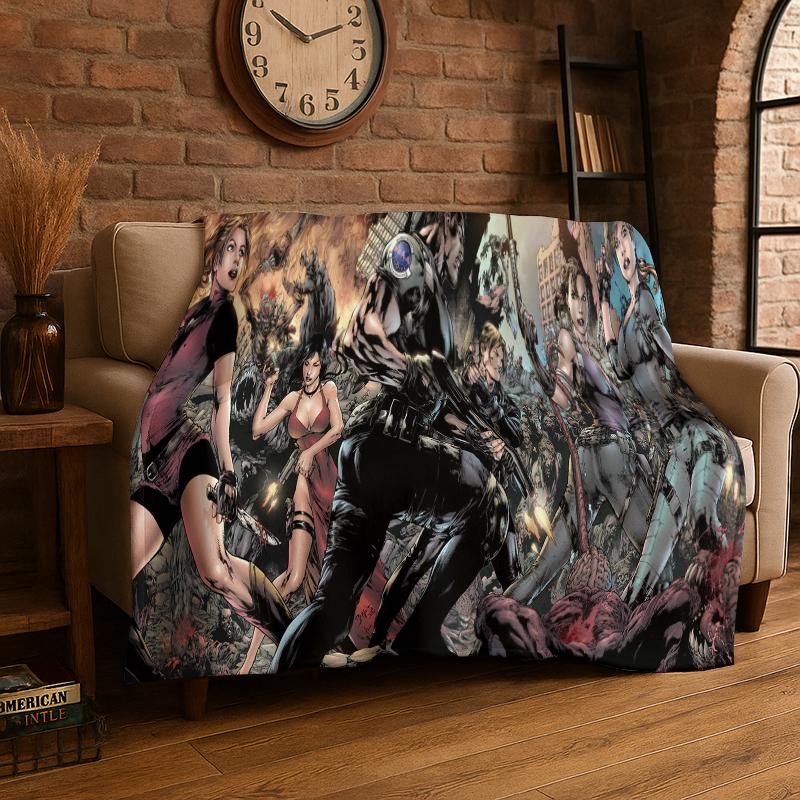 3D R-Resident Evil Leon Game Cartoon Flannel Blanket Soft Warm Throw Blanket for Bedroom Living Room Bed Travel Camping Picnic 75x90cm