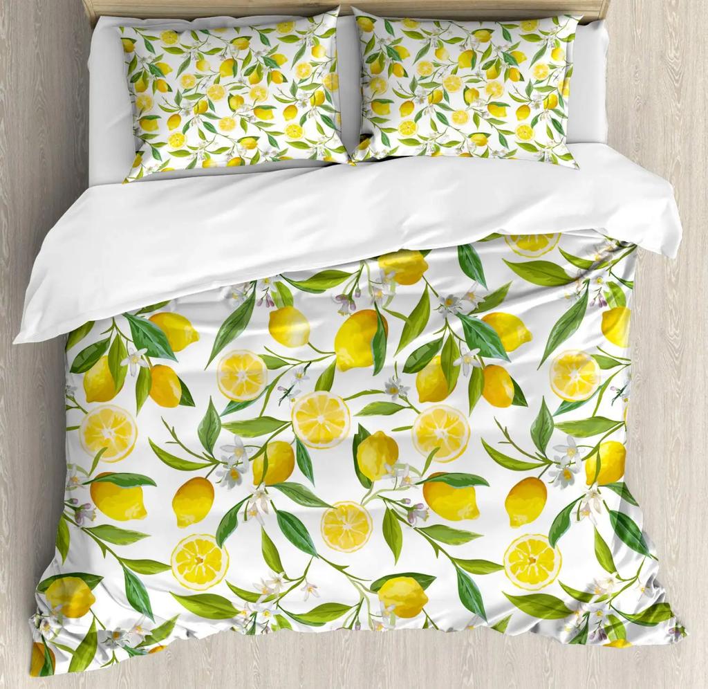 Lemon Duvet Cover Set King/Queen Size,Exotic Tropical Fruit and Leaf,Decorative 3 Piece Bedding Set with 2 Pillow Shams,yellow