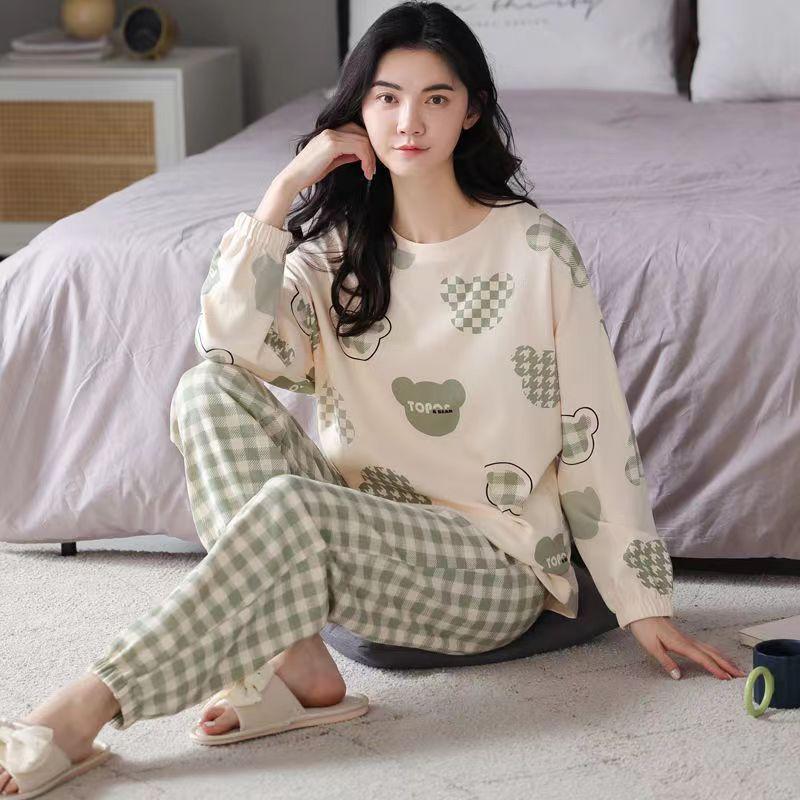 Pijama feminino de poliéster, tamanho grande 5XL, primavera/outono, xadrez, manga comprida, conjunto de roupa de dormir, feminino, simples, solto, casual
