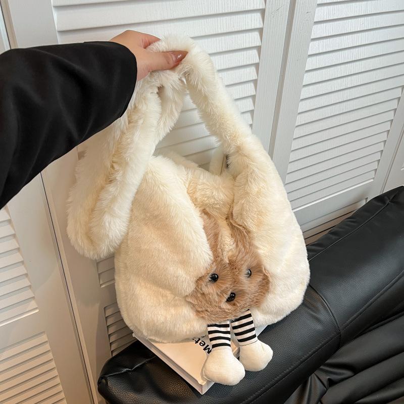 Plush bag crossbody bag large capacity women's new commuting high-end shoulder bag cartoon tote bag student commuter bag