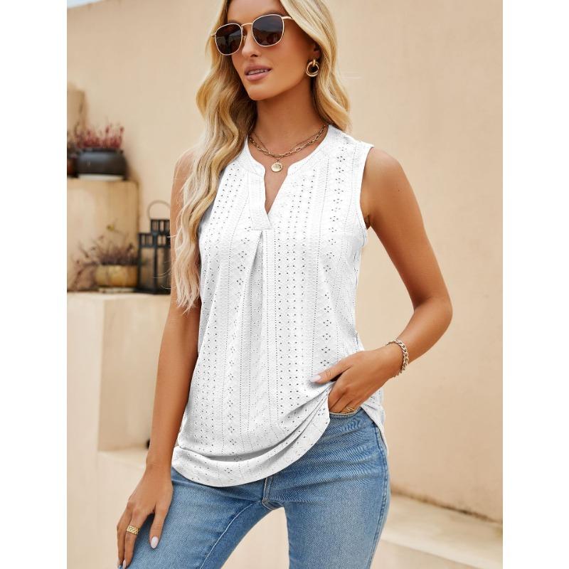 Women Solid Color V Neck Sleeveless Perforated Loose Casual Summer Tank Top