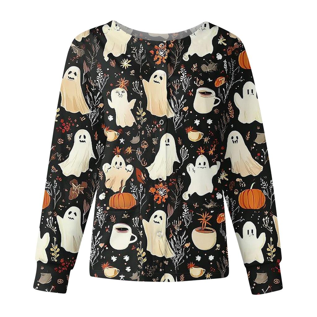 Women's Casual Fashion Long Sleeve Standing Collar Single Breasted Halloween Printed Workwear Jacket Tops