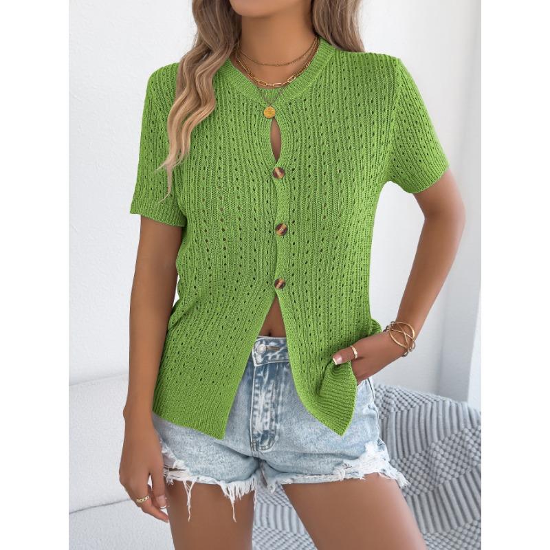 

Summer solid color hollow button round neck short-sleeved sweater tops for women S зелений