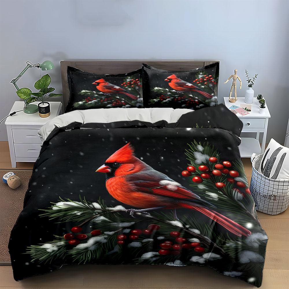 Cardinal Bird On Snowy Branch Bedding Duvet Cover Set  (1*Duvet Cover 2*Pillowcases, Without Duvet Insert)