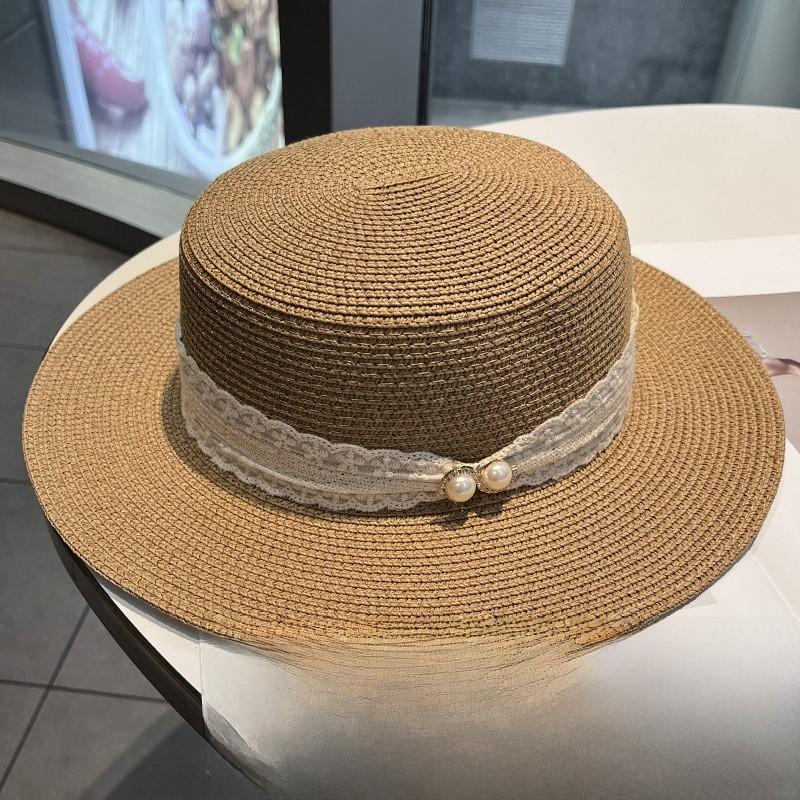 Classic Straw Hat With Pearl Lace Band For Sun Protection And Beach Vacation