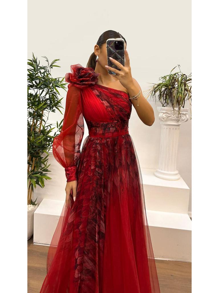 European & American One-Shoulder Mesh Print Dress: Spring/Autumn Casual Loose Party Style