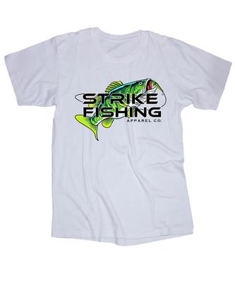 STRIKE FISHING weißes T-Shirt Bass Lake Boating Fish Apparel Co. Köderrolle
