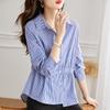 Asymmetric Pleated Blue Striped Blouse for Women Long Sleeve Autumn Design Niche Top Pure Cotton White Blouse
