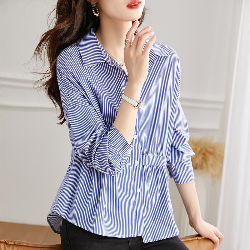 Asymmetric Pleated Blue Striped Blouse for Women Long Sleeve Autumn Design Niche Top Pure Cotton White Blouse