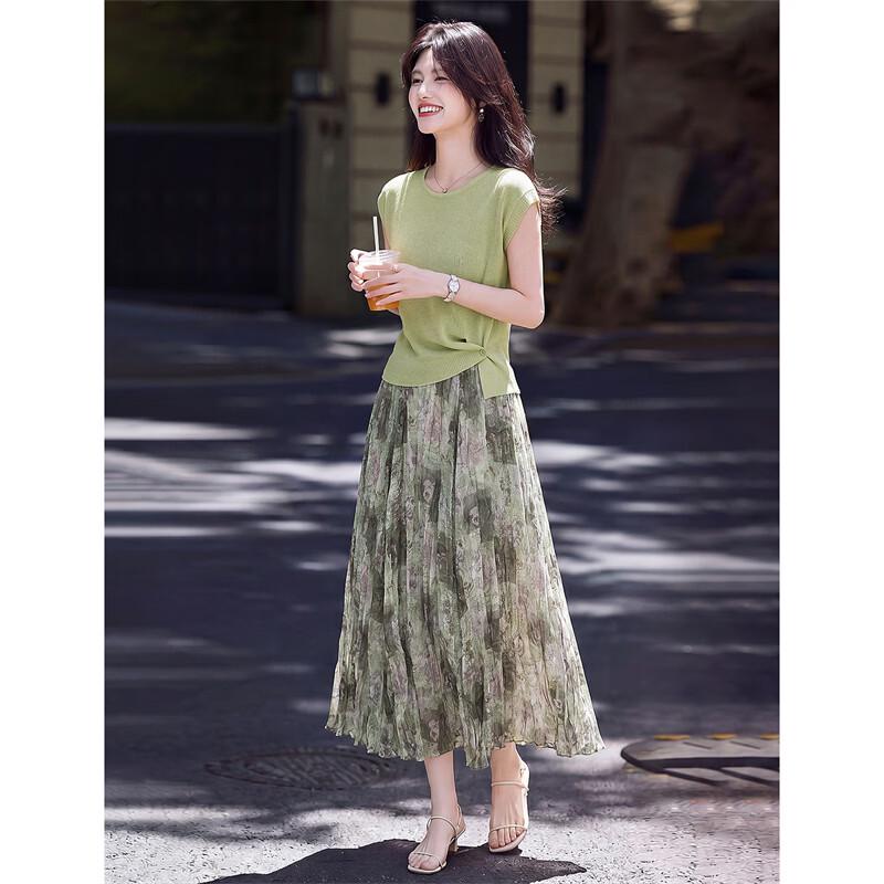 Xinfayu Elegant Slim-Fit Linen Knit Top & Flowy Skirt Set