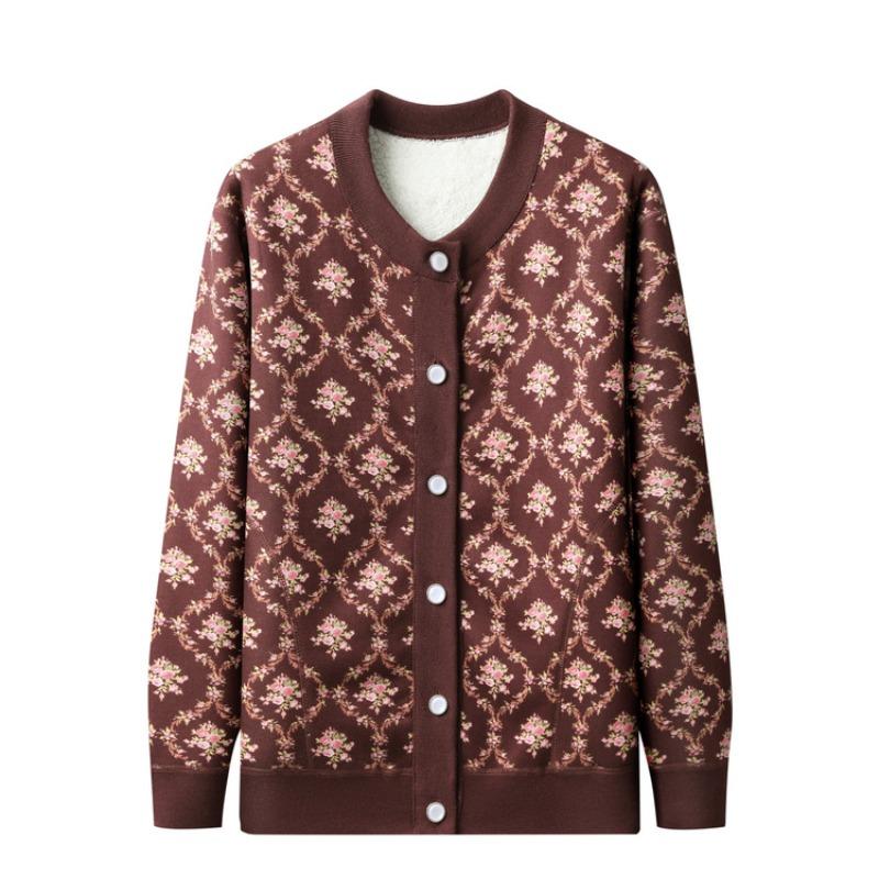 Middle-aged Autumn New Velvet Knitted Sweater Jacket Female Grandma Thickened Top Year-old 0 Crew Neck Cardigan Sweater
