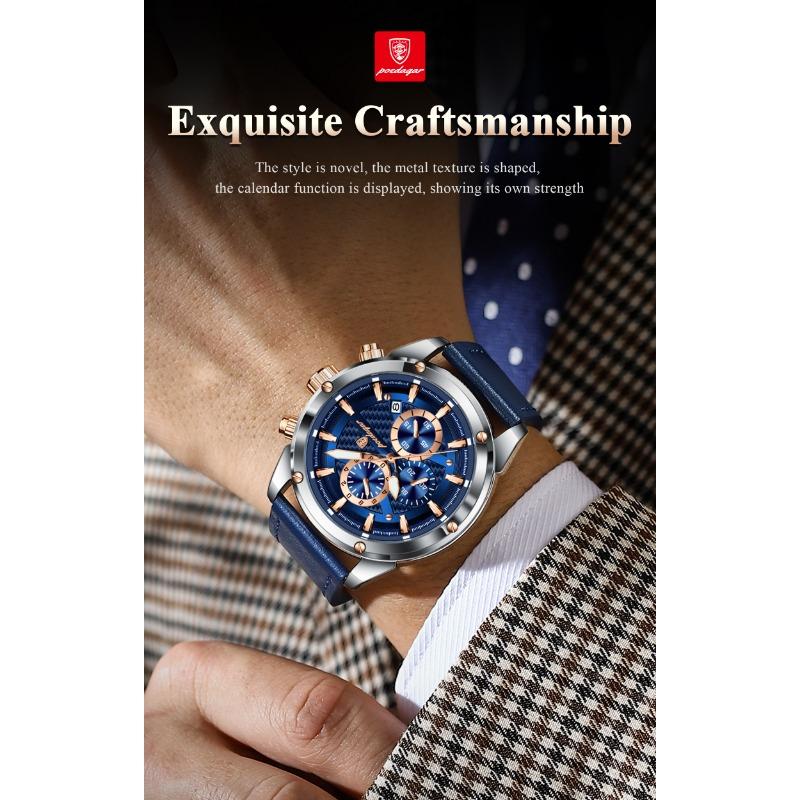 POEDAGAR Business Man Watch Waterproof Luminous Chronograph Date Original Watches for Men Leather Luxury Quartz Wristwatch