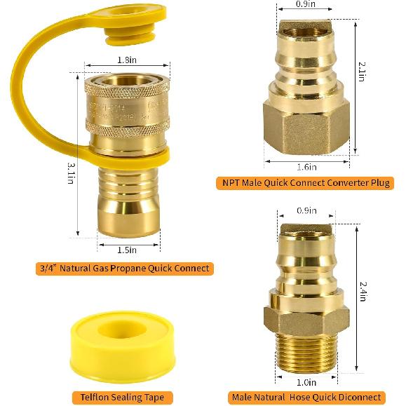 3/4" Male and Female Natural Gas Quick Connect Plug Fittings,Heavy Solid Brass Quick Connect Fittings Convert for Pipe Natural Gas Supply for
